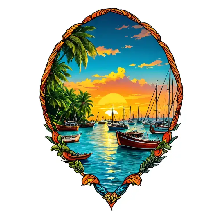 Sunset, Coco Beach & its Bay, Costa Rica, dozens of various size fishing + leisure boats anchored in distance in the Bay tattoo design idea