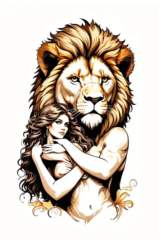 lady and lion. large lion head facing to the size and a lady with her arms leaning over his head -  tattoo design idea
