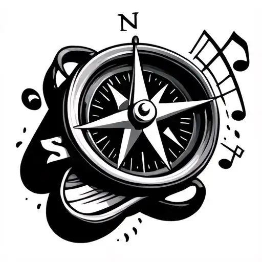 compass, music notes, snowboard tattoo design idea