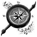 compass, music notes, snowboard tattoo design idea
