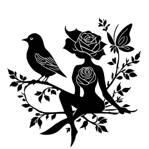 mamma bird and rose and fairy and small bird sitting tattoo design idea