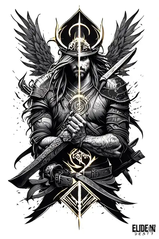 Arm sleeve featuring elden ring, cyberpunk 2077 (specifically the samurai logo) god of war and destiny  tattoo design idea