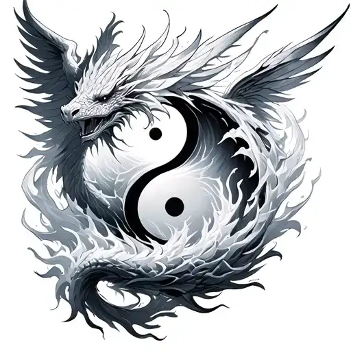 Fire and Ying Yang -shaped ice dragon with the aura of a phoenix around and emerging from the top tattoo design idea