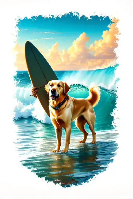 Golden Retreiver standing with man holding surfboard looking at wave from beach with greek mythology themes tattoo design idea