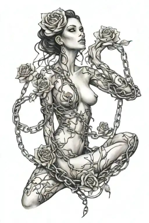 Naked girl, roots growing out of chains, roses tattoo design idea