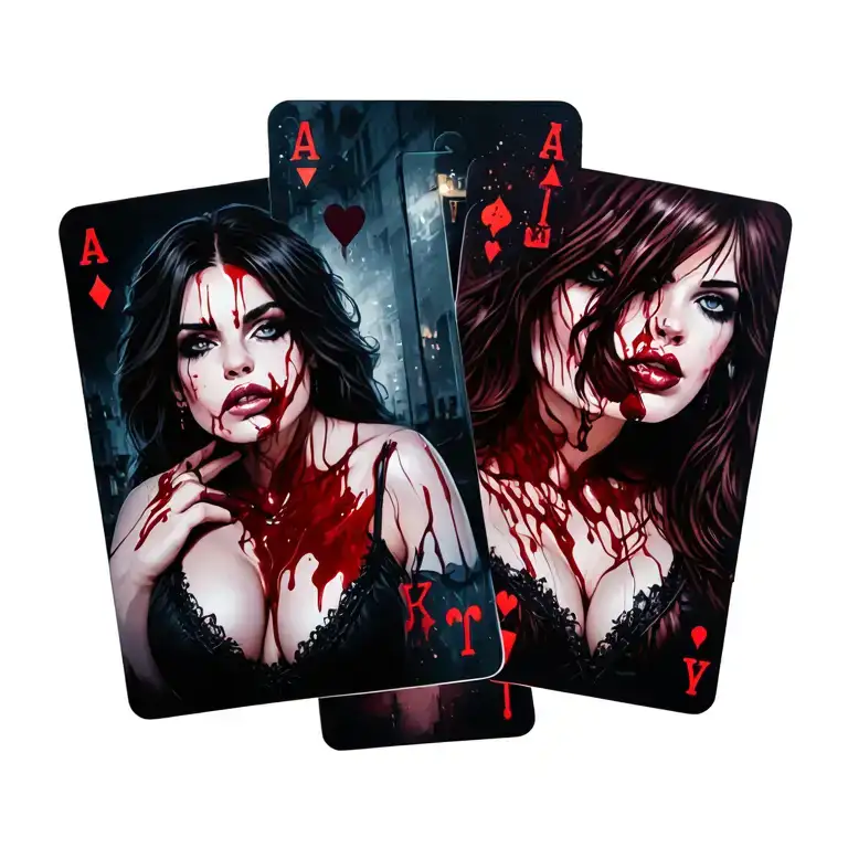  sexy bloody two women with streets backgrounds playing cards tattoo design idea