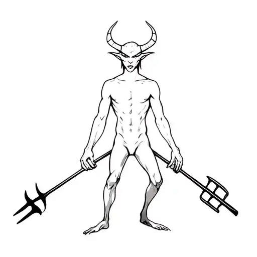 Full body of a small devil person with a pitchfork skipping  tattoo design idea