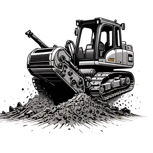 An intricate design of an excavator digging deep into the ground, with gears and mechanical parts visible, surrounded by construction tools and equipment tattoo design idea