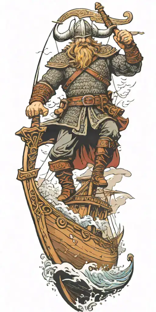 A Norse Viking warrior sailing on a clipper ship in a stormy sea, wielding a mighty axe tattoo design idea