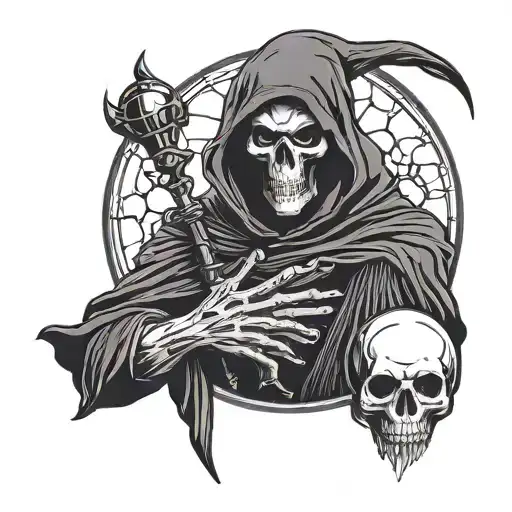 grim reaper holding orb in front tattoo design idea