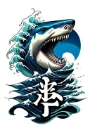 waves that looks like the art of van gogh, a head of a shark and a kanji writes conviction in blue tattoo design idea