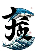 waves that looks like the art of van gogh, a head of a shark and a kanji writes conviction in blue tattoo design idea