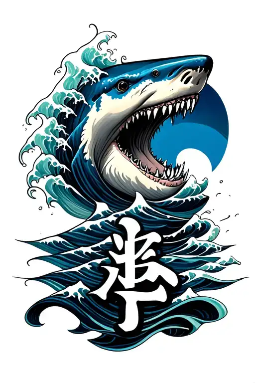 waves that looks like the art of van gogh, a head of a shark and a kanji writes conviction in blue tattoo design idea