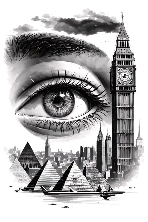 757 airplane big ben london eye pyramids of giza new york city tattoo design idea