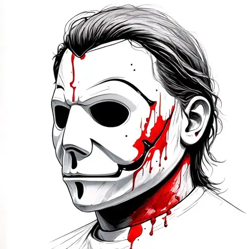 A detailed close-up of Michael Myers' mask with a subtle hint of blood tattoo design idea