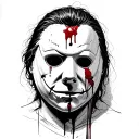 A detailed close-up of Michael Myers' mask with a subtle hint of blood tattoo design idea