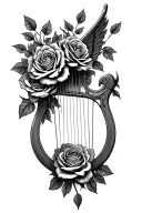 a lyre being swallowed by roses tattoo design idea