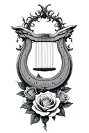 a lyre being swallowed by roses tattoo design idea