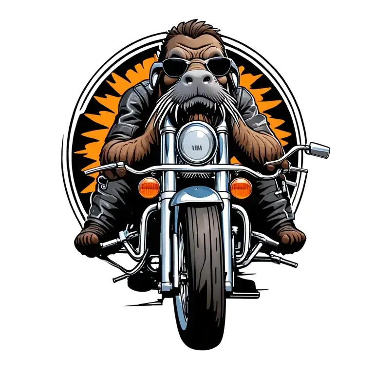 male walrus full body wearing riding leathers and sunglasses with a grey goatee riding a harley ultra limited tattoo design idea