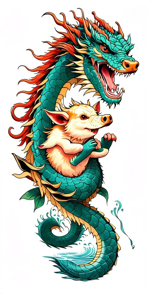 dragon and dog and water snake and pig holding tattoo design idea