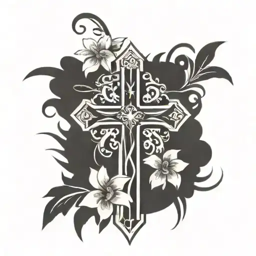 wooden cross with flowers tattoo design idea