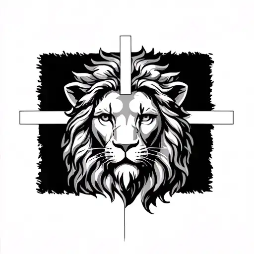 half lion with cross in the middle and jesus tattoo design idea