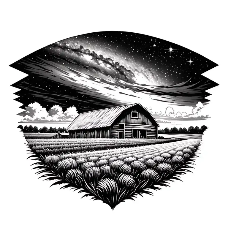 farm with barn and field with galaxy filled with stars tattoo design idea