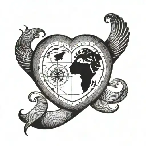 fingerprint heart with infinity sign inside plus navigation compass and gps coordinates tattoo design idea