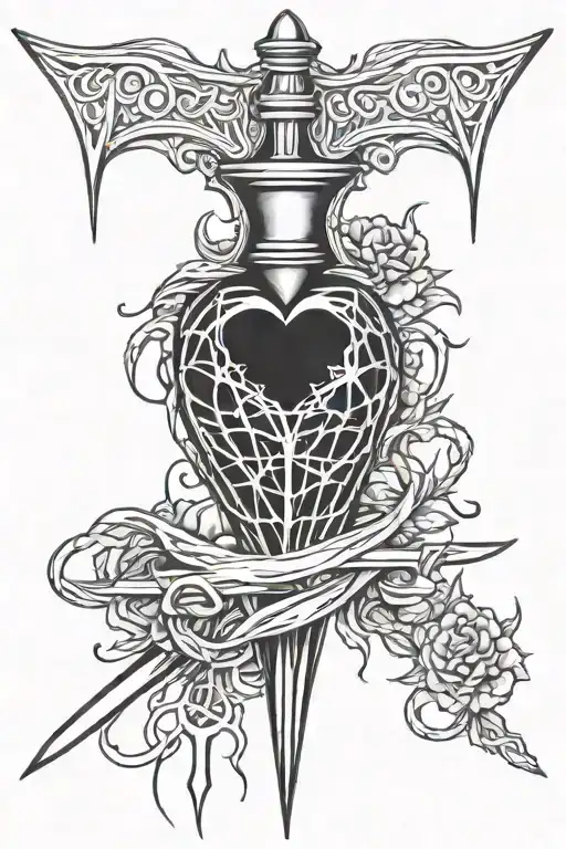 heart with a dagger piercing the heart with cobwebs tattoo design idea
