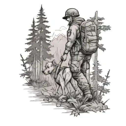 A scene of a soldier hiking through a forest with a loyal dog by their side tattoo design idea