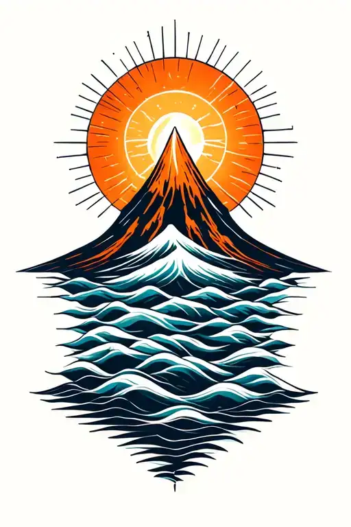 volcano, sun, sea waves tattoo design idea