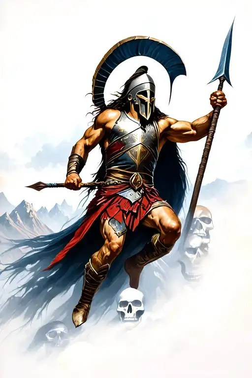 Spartan with a spear jumps from the mountains of skulls tattoo design idea