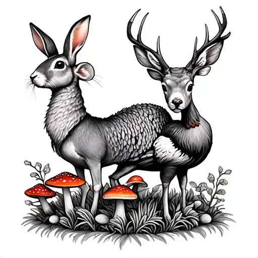 squerll, rabbit, deer, turkey, morell mushrooms growing all seperat tattoo design idea