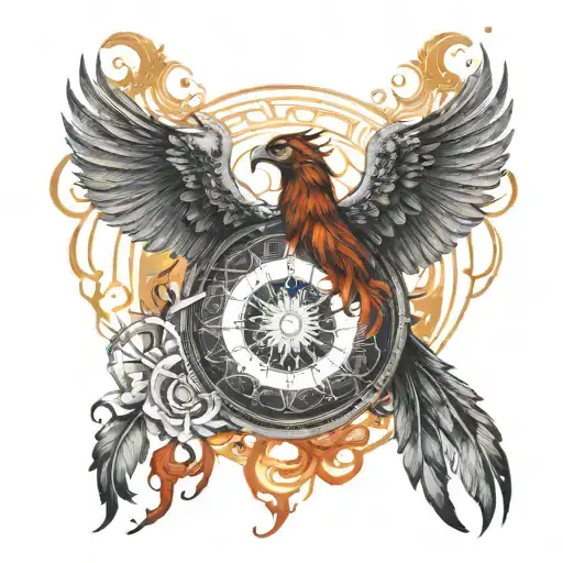 Phoenix spreading its wings in cosmic background with wheel of samsara tattoo design idea