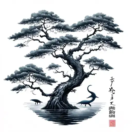 japanese nature elements like trees , sea animals. tattoo design idea