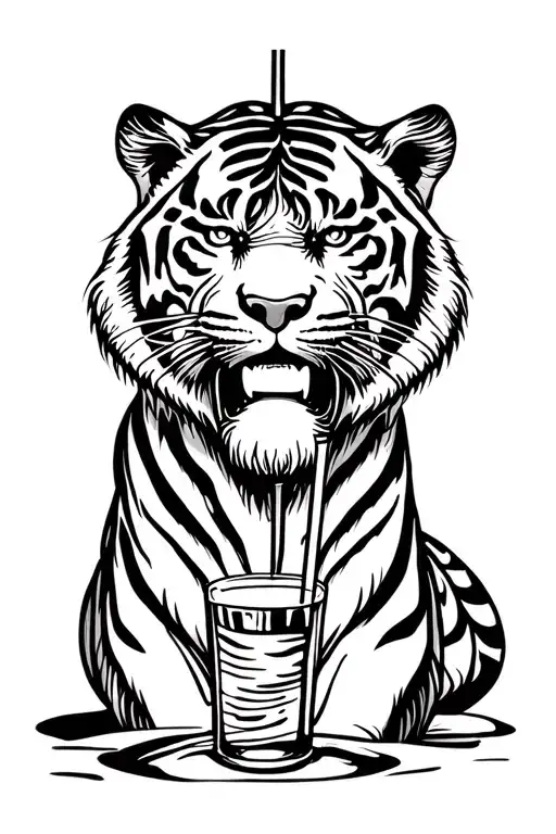 tiger is drinking alcohol from the straw tattoo design idea