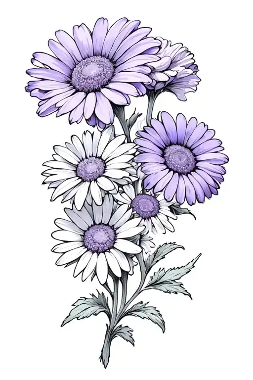 violet flower intertwined 2 daisies flowers and a marigold flower tattoo design idea