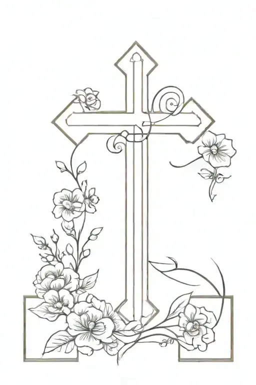 thin and dainty cross with flowers and Roman numerals for 11.09.2024 tattoo design idea