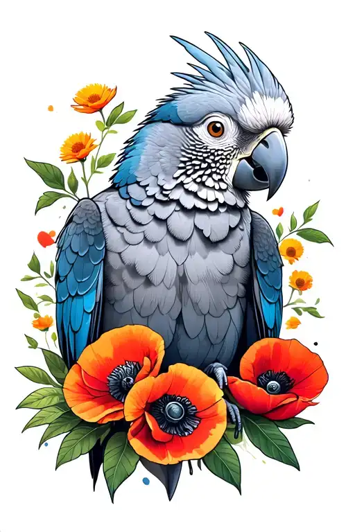 Gabon gray parrot, lilk flowers, poppy, tree, dream catch tattoo design idea