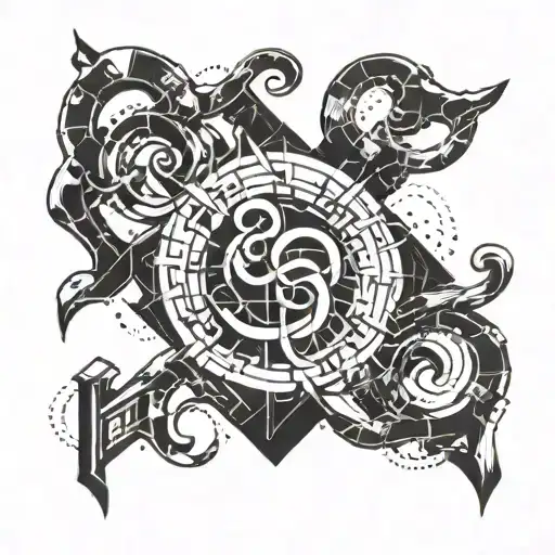 Abstract representation of love and music merging into a fiery Aries symbol on a brick wall tattoo design idea