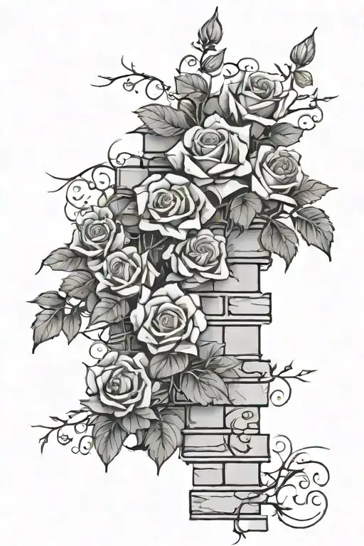 brick wall with vines and roses tattoo design idea