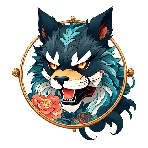 A figure of a fierce animal looking in a mirror in the reflection looks a more fragile version tattoo design idea