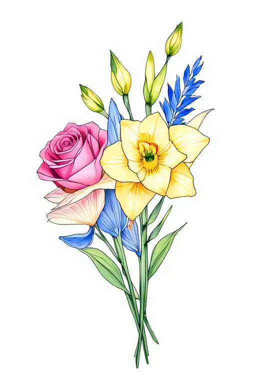 dainty bouquet of a single gladiolus, a single rose, a single daffodil, and sweet pea colors like purples pinks blues tattoo design idea