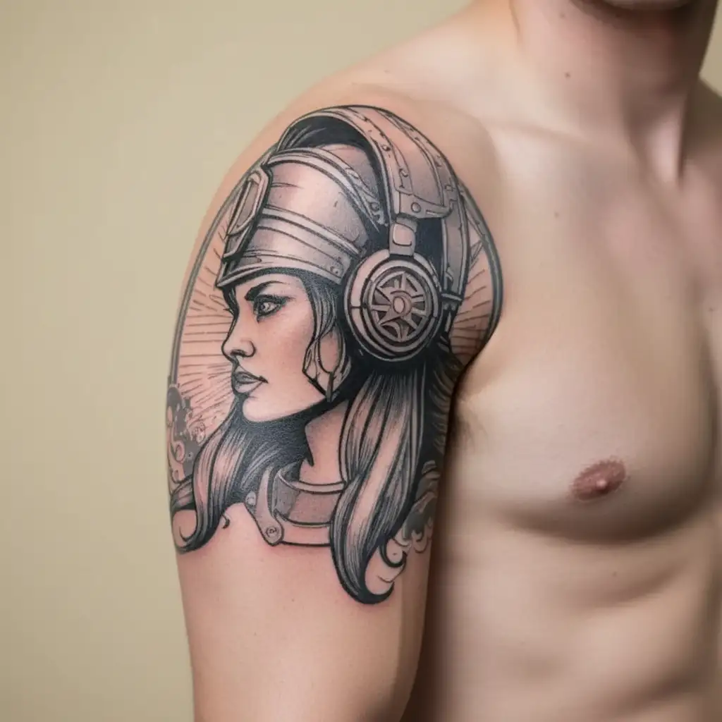 A woman with spartan helmet headphones at a music festival tattoo design idea