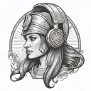 A woman with spartan helmet headphones at a music festival tattoo design idea