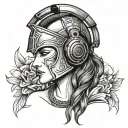 A woman with spartan helmet headphones at a music festival tattoo design idea