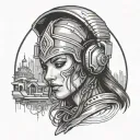 A woman with spartan helmet headphones at a music festival tattoo design idea