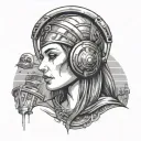 A woman with spartan helmet headphones at a music festival tattoo design idea