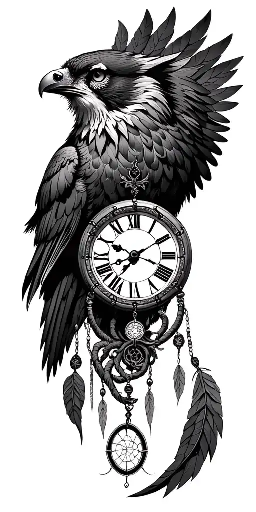 clock, Medusa, owl, crow, wolf, eagle, dream catcher, tattoo design idea