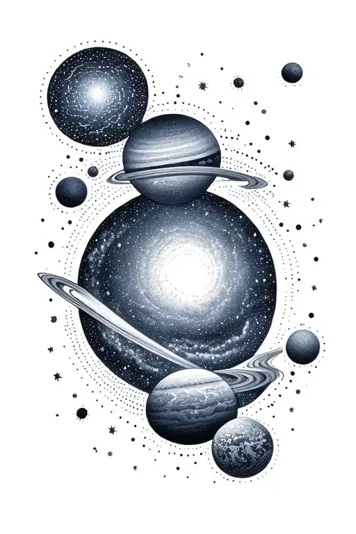 A tattoo using dot work represents a visualization of the Milky Way galaxy with the Solar System and its individual plan tattoo design idea